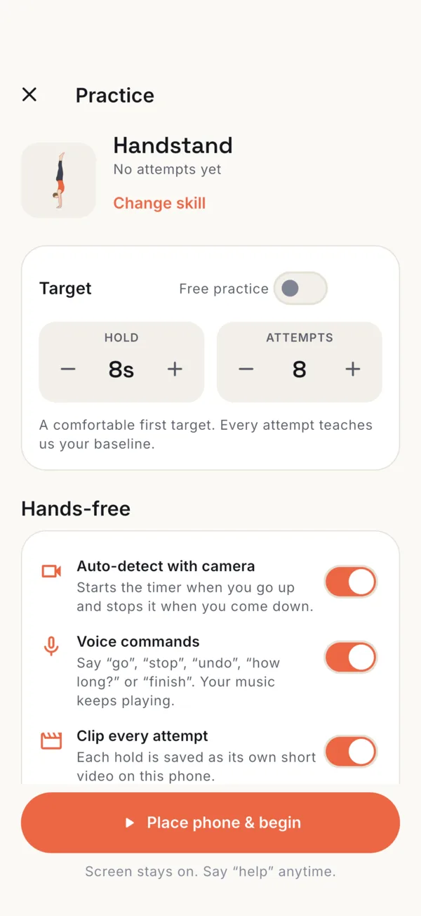 Practice setup for Handstand: 8 attempts of 8 seconds, with switches for Auto-detect with camera, Voice commands and Clip every attempt.