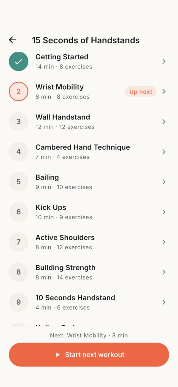 The 15 Seconds of Handstands program: Getting Started done, Wrist Mobility up next, followed by Wall Handstand, Bailing, Kick Ups and more.